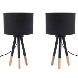 Tischlampe Schwarz Holz und Metall 2er Set runder Stoffschirm Dreibeinig langes Kabel mit Schalter Skandinavischer Stil