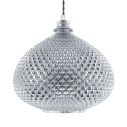 Hängeleuchte Silber Glas mit Schirm in gebogener Form gemoetrisches Muster in Glitzerstein-Optik Glamourös