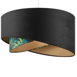 Hängeleuchte Schwarz / Grün Runder, Doppelter Stoffschirm 50 cm Blättermotiv Durchmesser Trommelform Modern