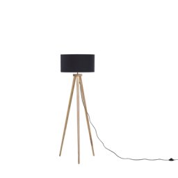 Stehlampe Schwarz Holz 140 cm runder Stoffschirm Dreibeinig langes Kabel mit Schalter Modernes Design