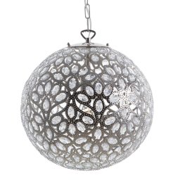 Hängelampe Silber Metall mit Kristallen aus Acrylglas mit Schirm in Kugelform Floral-Design Glamourös