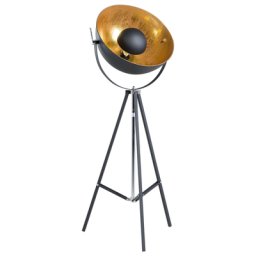 Stehlampe Schwarz und Gold Metall 165 cm Scheinwerfer-Look verstallbarer Schirm Dreibeinig langes Kabel mit Schalter Industrie Design