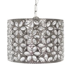 Hängeleuchte Silber Metall Schirm mit Kristallen aus Acrylglas Blumenmuster Glamouröser Stil