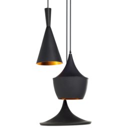 Hängeleuchte Schwarz Metall 3-flammig mit verschiedenen Schirmen höhenversetzt Trichterform Glockenform Minimalistisches Design