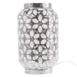 Tischlampe Silber Metall 33 cm Schirm mit Kristallen aus Acrylglas Laternenform Blumenmuster langes Kabel mit Schalter Glamouröser Stil
