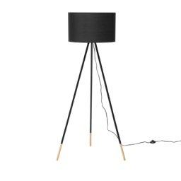 Stehlampe Schwarz Holz und Metall 157 cm runder Stoffschirm Dreibeinig langes Kabel mit Schalter Skandinavischer Stil