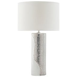 Tischlampe Silber und Weiß Porzellanfuß Stoffschirm Braun Kabel mit Schalter Moderner Minimalistischer Glamouröser Stil