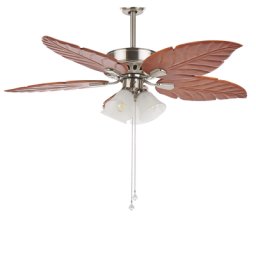 Deckenventilator Silber Metall und Holz mit 4 Lampenschirmen Glockenform 5 Flügel Blättermotiv Retro Look Wohnzimmer Salon Esszimmer Flur