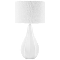 Tischlampe Hellbeige/ Weiß geschwungener Porzellanfuß Stoffschirm langes Kabel mit Schalter hellbeigen Lampenschirm Modernes Design Glamourös