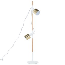 Stehlampe Weiß/Gold Metall 125 cm 2-flammig mit Holzgestell höhenverstellbaren Schirmen und 2 Schaltern langes Kabel Industrie Look