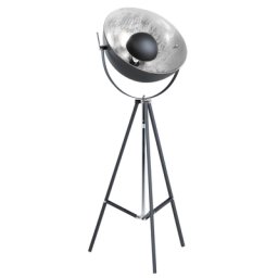Stehlampe Schwarz und Silber Metall 165 cm Scheinwerfer-Look verstallbarer Schirm Dreibeinig langes Kabel mit Schalter Industrie Design