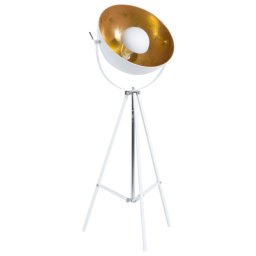 Stehlampe Weiß und Gold Metall 165 cm Scheinwerfer-Look verstallbarer Schirm Dreibeinig langes Kabel mit Schalter Industrie Design