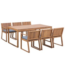 Gartenmöbel Set Hellbraun Akazienholz blaue Sitzkissen 6-Sitzer Terrasse Outdoor Rustikal Landhaus