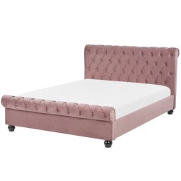 Bett Rosa 140 x 200 cm Samtstoff Stilvolle Versteppung Hohe Kopfteil Geschwungene Formgebung Chesterfield