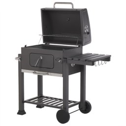 Holzkohlegrill Grau Edelstahl rechteckig mit Aktivbelüftung Deckel Kurbel Thermometer Warmhalterost Ablage Aschelade Rollen integriertem Flaschenöffner Outdoor Garten