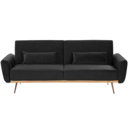 Sofa Schwarz Samtstoff 3-Sitzer Schlaffunktion Retro Design Zierkissen Wohnzimmer