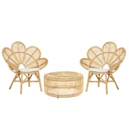Gartemöbel Set Heller Holzfarbton Runder Couchtisch mit 2 Rattanstühlen Balkon Terrasse Garten Möbel