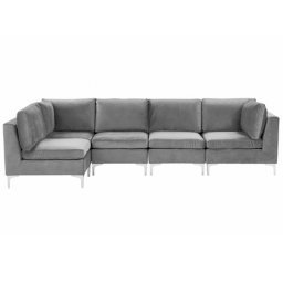 Modulares Ecksofa rechtsseitig Grau Polsterbezug aus Samtstoff 5-Sitzer mit Metallgestell Silber Wohnzimmer Salon Möbel