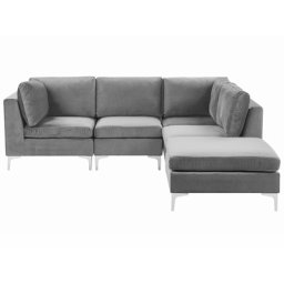 Modulares Ecksofa mit Ottomane linksseitig Grau Polsterbezug aus Samtstoff 4-Sitzer mit Metallgestell Silber Wohnzimmer Salon Möbel