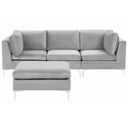 Sofa mit Ottomane Grau Polsterbezug aus Samtstoff 3-Sitzer Modulsofa mit Metallgestell Wohnzimmermöbel Wohnzimmer Salon Wohnecke Sitzecke