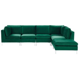 Modulares Ecksofa mit Ottomane linksseitig Grün Polsterbezug aus Samtstoff 5-Sitzer mit Metallgestell Silber Wohnzimmer Salon Möbel