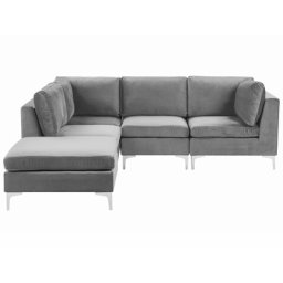 Modulares Ecksofa mit Ottomane rechtsseitig Grau Polsterbezug aus Samtstoff 4-Sitzer mit Metallgestell Silber Wohnzimmer Salon Möbel