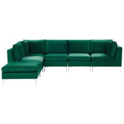 Modulares Ecksofa mit Ottomane rechtsseitig Grün Polsterbezug aus Samtstoff 5-Sitzer mit Metallgestell Silber Wohnzimmer Salon Möbel