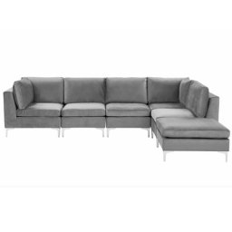 Modulares Ecksofa mit Ottomane linksseitig Grau Polsterbezug aus Samtstoff 5-Sitzer mit Metallgestell Silber Wohnzimmer Salon Möbel