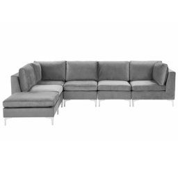 Modulares Ecksofa mit Ottomane rechtsseitig Grau Polsterbezug aus Samtstoff 5-Sitzer mit Metallgestell Silber Wohnzimmer Salon Möbel