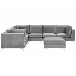 Modulares Sofa mit Ottomane rechtsseitig Grau Polsterbezug aus Samtstoff mit Metallgestell Silber Wohnzimmer Salon Möbel