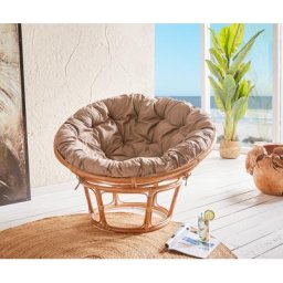 DELIFE Papasansessel Honig Kissen Ø 115x64 cm Grau aus Rattan, Relaxsessel