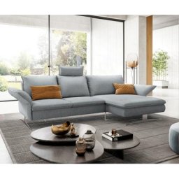 DELIFE Ecksofa Nerio 300 x 190 cm Flachgewebe Pastellblau Recamiere rechts, Ecksofas