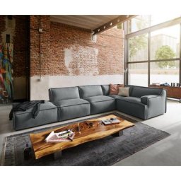 DELIFE Ecksofa Basit 380x225 cm Strukturstoff Grau Ottomane rechts mit Hocker, Ecksofas