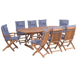 Gartenmöbel Set Hellbraun Blau Akazienholz Textil 8-Sitzer inkl. Auflagen Terrasse Outdoor Landhaus