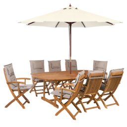 Gartenset Akazienholz Hellbraun 8-Sitzer Auflagen grau-beige mit Sonnenschirm Gartenzubehör Zeitloses klassisches Design