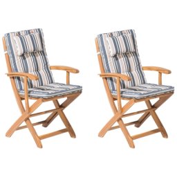Gartenstuhl 2er Set Hellbraun aus Akazienholz mit Auflagen in Dunkelblau und Beige mit bequemen Armlehnen Klassisch