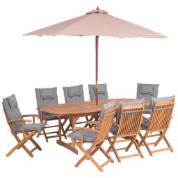 Gartenmöbel Set Hellbraun Grau Akazienholz Textil 8-Sitzer inkl. Auflagen und Sonnenschirm Terrasse Outdoor Modern Landhaus