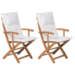 Gartenstuhl aus Holz 2er Set mit Auflagen in Cremeweiss mit bequemen Armlehnen UV-Beständigkeit Klasse Modern