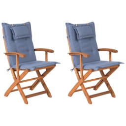 Gartenstühle 2er Set Hellbraun Blau Akazienholz mit Armlehnen inkl. Auflagen Klappbar Balkon