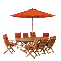 Gartenmöbel Set Hellbraun Rot Akazienholz Textil 8-Sitzer inkl. Auflagen und Sonnenschirm Terrasse Outdoor Modern Landhaus