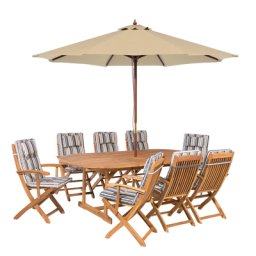 Gartenmöbel Set Hellbraun Dunkelblau-Beige Akazienholz Textil 8-Sitzer inkl. Auflagen und Sonnenschirm Terrasse Outdoor Modern Landhaus