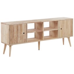 TV-Möbel Heller Holzfarbton Gummibaumholz 145 x 30 x 59 cm Modern Minimalistisch mit Füßen 2 Türe mit 4 Offenen Fächern Praktisch Wohnzimmer