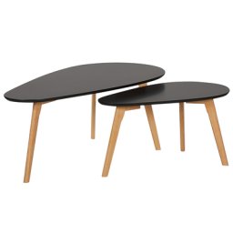 Couchtisch Set Schwarz/Hellbraun Zweiteilig MDF-Platte Buchenholz Großer Couchtisch Kleiner Couchtisch Wohnzimmer
