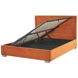 Polsterbett Orange Samtstoff 140 x 200 cm mit Stauraum Bettkasten gepolstertes Kopfteil im modernen Stil elegant für Schlafzimmer
