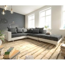DELIFE Ecksofa Clovis Weiss Schwarz Hocker Armlehne Ottomane Rechts modular, Design Ecksofas, Couch Loft, Modulsofa, modular