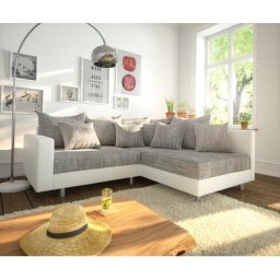 DELIFE Ecksofa Clovis Weiss Hellgrau modular Armlehne Ottomane Rechts, Design Ecksofas, Couch Loft, Modulsofa, modular