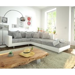DELIFE Ecksofa Clovis Weiss Hellgrau modular Hocker Armlehne Ottomane Rechts, Design Ecksofas, Couch Loft, Modulsofa, modular