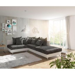 DELIFE Ecksofa Clovis Weiss Schwarz mit Hocker Ottomane Rechts modular, Design Ecksofas, Couch Loft, Modulsofa, modular