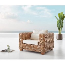DELIFE Loungesessel Nizza aus Rattan natur mit Kissen weiß, Loungemöbel