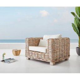 DELIFE Loungesessel Nizza 103x95 cm aus Rattan white washed mit Kissen weiß, Loungemöbel